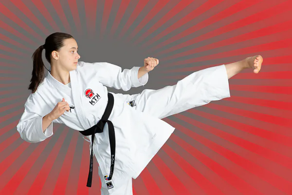 A sensei from KTK martial arts performs a side kick. Sport photography by Jeffrey Meyer.