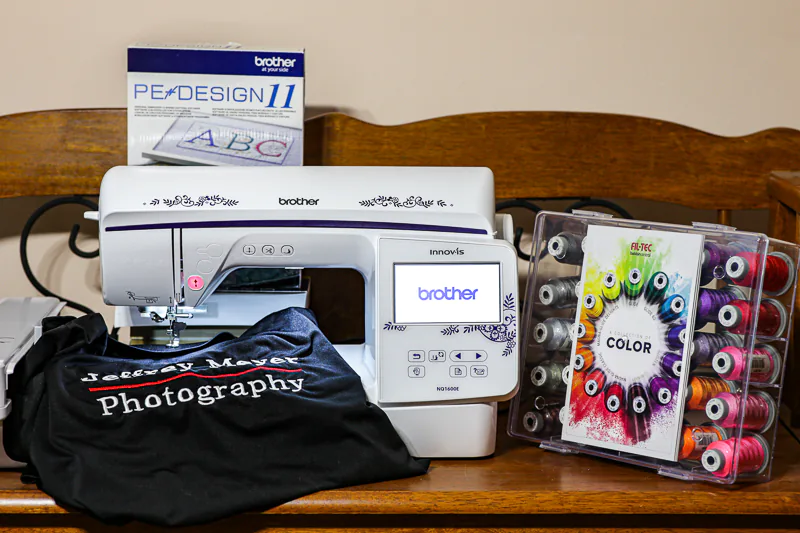 A picture of my Brother embroidery machine. Embroidery and Digitization services by Jeffrey Meyer.