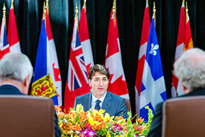 he Honourable Pierre Trudeau -the 23rd Prime Minister of Canada – hosts a round table meeting with all the premiers of Canada.  Photo by Jeffrey Meyer. 